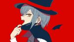  1boy ascot bangs black_ascot black_cape brown_eyes cape danganronpa_(series) danganronpa_v3:_killing_harmony detached_wings earrings fangs from_side hat highres jewelry male_focus mask mouth_mask official_alternate_costume open_mouth polka_dot_hair profile red_background ring saihara_shuuichi shiratamako_(hththotaru1228) sideways_glance simple_background smile solo teeth tongue top_hat vampire vampire_(vocaloid) wings 