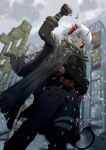  1girl arknights bangs belt black_gloves blurry building clouds cloudy_sky commentary day demon_horns explosive fingerless_gloves from_below gloves grenade grey_hair highres holding horns jacket looking_at_viewer outdoors red_eyes samacho scarf shirt short_hair sky smile snowing solo w_(arknights) winter 