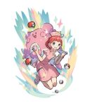  1girl absurdres blissey colored_skin commentary dress hat heal_ball highres holding holding_poke_ball joy_(pokemon) looking_at_viewer nurse_cap official_art open_mouth pink_dress pink_hair pink_skin poke_ball poke_ball_(basic) pokemon pokemon_(creature) pokemon_(game) pokemon_sm saitou_naoki sandals short_sleeves smile solid_oval_eyes sparkle symbol-only_commentary 