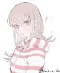  1girl ? alternate_costume alternate_hair_ornament artist_name bangs breasts brown_hair danganronpa_(series) danganronpa_2:_goodbye_despair hair_ornament hood hood_down hoodie long_hair medium_breasts medium_hair monomi_(danganronpa) nanami_chiaki pink_eyes rabbit_hair_ornament simple_background solo striped striped_hoodie tuteurfars_shin upper_body 