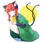  1girl adapted_costume animal_ears bow braid cat_ears cat_tail dress green_dress highres kaenbyou_rin kuroda_(chokobo_314) light_smile looking_at_viewer multiple_tails red_eyes redhead solo squatting tail touhou twin_braids twitter_username two_tails 