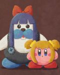 :o bangs blonde_hair blue_hair blue_overalls bow brown_background buttons crossover hair_bow hair_ornament hair_scrunchie highres kirby kirby_(series) looking_at_viewer miclot mr._frosty no_humans open_mouth overalls pipimi poptepipic popuko red_bow scrunchie sidelocks standing twintails wig yellow_scrunchie