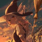  1girl black_headwear black_vest blonde_hair bow braid broom closed_mouth hair_between_eyes hat hat_bow highres kirisame_marisa long_hair noumin_joemanyodw puffy_short_sleeves puffy_sleeves short_sleeves single_braid smile solo touhou upper_body vest white_bow witch_hat yellow_eyes 