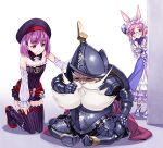  1boy 2girls animal_ears armor bangs bare_shoulders beard black_dress black_headwear black_thighhighs blue_dress breasts closed_eyes detached_collar detached_sleeves don_quixote_(fate) dress facial_hair fate/grand_order fate_(series) hat helena_blavatsky_(fate) highres horse_ears horse_girl kneeling knight long_sleeves matsuryuu multiple_girls pink_hair purple_hair sancho_(fate) short_dress short_hair sitting small_breasts smile thigh-highs thighs violet_eyes 