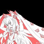  1girl :/ bow chinese_commentary cishenweiwu cloak closed_mouth commentary fujiwara_no_mokou hair_bow hands_up long_hair long_sleeves looking_down monochrome ofuda ofuda_on_clothes pants red_theme shirt solo suspenders touhou upper_body very_long_hair weibo_logo weibo_username 