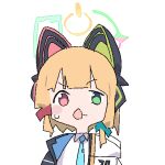  1girl arisu_(blue_archive) black_jacket blonde_hair blue_archive blue_necktie blush_stickers cat_ear_headphones green_eyes halo headphones heterochromia jacket looking_at_viewer lowres midori_(blue_archive) mmmkawaine momoi_(blue_archive) necktie open_mouth red_eyes shirt short_hair simple_background solo white_background white_jacket white_shirt yuzu_(blue_archive) 