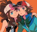  1boy 1girl bad_id bad_pixiv_id baseball_cap blue_jacket blush brown_eyes brown_hair cheek-to-cheek hat heads_together highres hilbert_(pokemon) hilda_(pokemon) jacket looking_at_viewer one_eye_closed open_mouth orange_background pokemon pokemon_(game) pokemon_bw ponytail shirt sleeveless sleeveless_shirt smile upper_body vest zianazu 