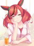  1girl animal_ears bangs blush brown_eyes closed_mouth cup drinking_straw ear_covers elbow_rest enuno_(nuno0099) highres horse_ears lips long_sleeves looking_at_viewer medium_hair multicolored_hair nice_nature_(umamusume) redhead shirt smile solo streaked_hair table twintails umamusume upper_body white_shirt 