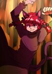  1girl :3 animal_ears arms_up bow braid cat_ears cat_tail dress gagamatsu hair_bow kaenbyou_rin multiple_tails nekomata red_eyes redhead solo tail touhou twin_braids two_tails v-shaped_eyebrows 