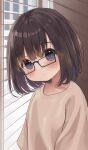  1girl blinds blue_eyes blush brown_hair child female_child glasses highres indoors long_sleeves looking_at_viewer mimikaki_(men_bow) original short_hair solo sweater upper_body white_sleeves white_sweater window 