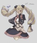 1girl ;) black_bow black_capelet black_gloves black_skirt blonde_hair bow bowtie capelet closed_mouth cropped_legs elise_(fire_emblem) fire_emblem fire_emblem_fates floating_hair gloves grey_background hair_bow hand_on_hip highres karashino long_hair looking_at_viewer multicolored_hair one_eye_closed pink_bow pink_bowtie pink_eyes purple_hair simple_background skirt smile solo twintails twitter_username two-tone_hair very_long_hair