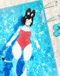  1girl absurdres animal_ears animal_hands cat_ears closed_eyes crocs from_above furry furry_female glasses highres indie_virtual_youtuber kisa_niya marking_on_cheek non-web_source one-piece_swimsuit plump pool round_eyewear swimming swimsuit tomatomagica virtual_youtuber water 