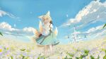  1girl absurdres animal_on_shoulder arknights bag bangs blonde_hair blue_sky brown_bag castle cat clouds commentary_request cross-laced_clothes dot_nose floral_background flower fox fox_girl fox_tail frilled_skirt frills green_eyes green_skirt hair_flower hair_ornament hand_up handbag highres hui_yu_yu_yu_ye legs_apart lily_of_the_valley long_hair looking_at_viewer open_mouth outdoors petals puffy_sleeves shadow skirt sky solo standing suzuran_(arknights) tail 