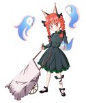  1girl aladry animal_ears black_bow black_footwear blush bow braid cat_ears cat_tail dress green_dress hair_bow kaenbyou_rin leg_ribbon long_sleeves looking_at_viewer multiple_tails red_eyes redhead ribbon shoes skull smile solo tail touhou twin_braids two_tails wheelbarrow 