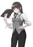  1girl alternate_costume black_hair black_pants choukai_(kancolle) clipboard commentary_request cowboy_shot dress_shirt glasses grey_vest highres kantai_collection ld_(luna_dial398) long_hair looking_at_viewer one-hour_drawing_challenge pants paper red_eyes rimless_eyewear shirt simple_background sleeves_rolled_up solo vest white_background white_shirt 