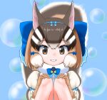 1girl animal_costume animal_ear_fluff animal_ears brown_eyes brown_hair chipmunk_costume chipmunk_ears chipmunk_girl chipmunk_tail extra_ears gloves highres kemono_friends kemono_friends_v_project looking_at_viewer microphone multicolored_hair open_mouth scarf shirt short_hair siberian_chipmunk_(kemono_friends) simple_background smile solo tail universe_hululu vest virtual_youtuber white_hair 