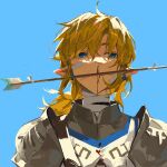 1boy aimitkkays armor arrow_(projectile) bangs blonde_hair blood blue_eyes commentary_request green_background hair_between_eyes highres link long_hair male_focus medium_hair nosebleed official_alternate_costume pointy_ears shiny shiny_hair shoulder_plates solo the_legend_of_zelda tunic upper_body 