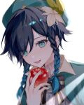  1boy androgynous apple bangs beret black_hair blue_hair braid cape collared_cape collared_shirt commentary dutch_angle eyes_visible_through_hair flower food fruit genshin_impact gradient_hair green_cape green_eyes green_headwear hair_flower hair_ornament hat holding holding_food holding_fruit leaf looking_at_viewer male_focus multicolored_hair open_mouth shirt short_hair_with_long_locks side_braids sidelocks simple_background smile solo symbol-only_commentary twin_braids venti_(genshin_impact) white_background white_flower white_shirt yozi_8 
