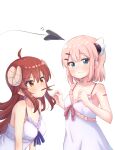  2girls ahoge bare_shoulders blue_eyes blush breasts brown_hair chiyoda_momo closed_mouth collarbone demon_girl demon_horns demon_tail dress embarrassed food hair_ornament headgear highres horns kuramoto_takato long_hair machikado_mazoku medium_breasts multiple_girls pink_hair pocky scar shiny shiny_hair short_hair simple_background small_breasts tail white_background white_dress yoshida_yuuko_(machikado_mazoku) yuri 