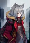  1girl absurdres animal_ears arknights blush chaye_(2801185778) fur-trimmed_hood fur_trim grey_hair hair_between_eyes hands_in_pockets highres hood hood_down hooded_jacket jacket long_hair looking_at_viewer mask mask_around_neck open_clothes open_jacket outdoors projekt_red_(arknights) red_jacket solo upper_body wolf_ears wolf_girl yellow_eyes 