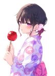  1girl bangs black_hair braid candy_apple floral_print flower food from_side gloves hair_between_eyes hair_flower hair_ornament highres holding holding_food japanese_clothes kimono long_sleeves obi original parted_lips pink_flower print_kimono sash simple_background solo tetsu_tissue upper_body violet_eyes white_background white_kimono wide_sleeves 