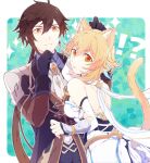 !? 1boy 1girl animal_ears aqua_background back backless_dress backless_outfit bangs bare_shoulders black_gloves blonde_hair breasts brown_hair cat_ears cat_tail collared_shirt commentary_request dress earrings feather_hair_ornament feathers flower formal genshin_impact gloves hair_between_eyes hair_flower hair_ornament hand_on_own_chin hetero jacket jewelry long_hair long_sleeves lumine_(genshin_impact) medium_breasts necktie orange_eyes ponytail scarf shirt short_hair short_hair_with_long_locks sidelocks signature single_earring sparkle strapless strapless_dress suit t0petar0 tail tassel tassel_earrings vest white_dress white_flower white_necktie white_scarf zhongli_(genshin_impact)