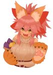  1girl absurdres animal_ear_fluff animal_ears animal_hands bare_shoulders belt blush breasts cat_paws fangs fate/grand_order fate_(series) food fox_ears fox_girl gloves hair_ribbon highres large_breasts open_mouth paw_gloves pink_hair ponytail potato red_ribbon ribbon simple_background solo sweet_potato tamamo_(fate) tamamo_cat_(fate) towa_(towakt) upper_body white_background yellow_eyes 