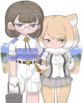  2girls animal_ears blonde_hair blush brown_gloves brown_hair brown_pantyhose bucket collared_shirt commentary_request cowboy_shot elbow_gloves expressionless fox_ears fox_girl fox_tail glasses gloves green_eyes grey_hair grey_skirt grey_vest hair_ornament hairclip highres kemono_friends khakis kuro_(kurojill) multicolored_hair multiple_girls original pantyhose plaid plaid_skirt shirt short_hair short_sleeves skirt t-shirt tail tibetan_fox_(kemono_friends) uniform vest violet_eyes white_gloves white_hair white_shirt 