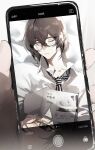  ameinu bad_source book brown_eyes brown_hair closed_eyes closed_mouth highres holding holding_book phone phone_screen shirt sleeping tied_shirt white_shirt 