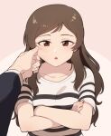  1boy 1girl bangs black_jacket brown_eyes brown_hair cheek_pinching commentary crossed_arms half-closed_eyes idolmaster idolmaster_million_live! jacket kamille_(vcx68) kitazawa_shiho light_frown long_hair long_sleeves looking_at_viewer open_mouth out_of_frame pinching producer_(idolmaster) shirt short_sleeves straight-on striped striped_shirt swept_bangs t-shirt upper_body white_shirt 