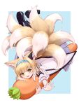  1girl :d animal_ears arknights bare_shoulders black_footwear blonde_hair blue_background blue_skirt braid fox_ears fox_girl fox_tail frilled_skirt frills green_eyes hair_rings highres kitsune looking_at_viewer lxjun_09 multicolored_hair object_hug pantyhose pleated_skirt shirt shoe_soles shoes skirt smile solo stuffed_carrot suzuran_(arknights) tail twin_braids two-tone_background two-tone_hair white_background white_hair white_pantyhose white_shirt 