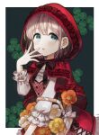  1girl basket blue_eyes blush clover dress earrings flower hand_up highres hood idolmaster idolmaster_shiny_colors jewelry light_brown_hair little_red_riding_hood long_sleeves looking_at_viewer open_mouth red_dress sasasasa serizawa_asahi solo standing 
