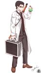  1boy black-framed_eyewear black_hair case coat formal glasses gun highres lee-enfield male_focus mr.j.and necktie non-web_source original red_tie rifle scp_foundation short_hair solo suit weapon white_coat 