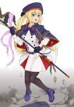  1girl absurdres artoria_caster_(fate) artoria_caster_(second_ascension)_(fate) artoria_pendragon_(fate) black_gloves black_pantyhose blonde_hair blue_eyes buttons cape double-breasted fate/grand_order fate_(series) full_body gloves hat highres holding holding_staff long_hair open_mouth pantyhose skirt solo staff twintails yossyzero 