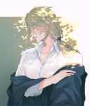  1boy aglovale_(granblue_fantasy) blonde_hair blue_jacket closed_eyes collared_shirt dappled_sunlight facing_to_the_side granblue_fantasy hair_between_eyes highres jacket long_hair low_ponytail male_focus open_collar outside_border parted_lips profile shirt solo sunlight sweat tokikane_mikan undressing upper_body wet wet_clothes wet_shirt white_shirt 