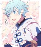  1boy ahoge aqua_eyes aqua_hair bangs chinese_clothes chongyun_(genshin_impact) commentary_request fingerless_gloves from_side genshin_impact gloves hair_between_eyes hood hoodie male_focus open_mouth short_hair solo sparkling_eyes t0petar0 translation_request upper_body 