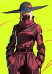  1girl absurdres artist_name bangs blonde_hair bob_cut cigarette coat commentary cowboy_shot cyberpunk_(series) cyberpunk_2077 cyberpunk_edgerunners flower hands_in_pockets hat hat_flower high_collar highres jacket kiwi_(cyberpunk) mask mouth_mask peperon_(peperou) red_flower 