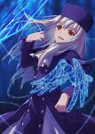  1girl bangs bird blue_background blue_bird buttons fate/stay_night fate_(series) grey_hair highres illyasviel_von_einzbern jacket long_hair long_sleeves looking_at_viewer open_mouth ornament purple_headwear red_eyes scarf simple_background smile sol_(tvtjk7ubec) solo thread 