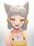  1girl alten animal_ears bangs blunt_bangs cat_ears chest_jewel dress_swimsuit flat_chest grey_hair highres nia_(fancy_sundress)_(xenoblade) nia_(xenoblade) ribbed_swimsuit short_hair solo swimsuit xenoblade_chronicles_(series) xenoblade_chronicles_2 yellow_eyes yellow_one-piece_swimsuit 