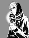  1boy :/ animal animal_in_clothes bags_under_eyes black_hoodie dog fingernails frown grey_background holding holding_animal hood hood_up hoodie killing_stalking looking_afar male_focus oba-min oh_sangwoo puppy short_hair trembling under_clothes 