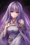  1girl bangs bare_shoulders breasts brooch circlet dress fire_emblem fire_emblem:_genealogy_of_the_holy_war fire_emblem_heroes hand_on_own_chest jewelry julia_(fire_emblem) long_hair medium_breasts mind_control parted_lips purple_dress purple_hair red_eyes solo ten_(tenchan_man) very_long_hair 