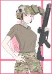  1girl absurdres bangs breasts brown_shirt camouflage camouflage_headwear camouflage_pants closed_mouth commentary_request ear_protection eyes_visible_through_hair girls_frontline gun hair_over_one_eye hand_on_hip headset helmet highres holding holding_gun holding_weapon lauging_man_(shun_a_t_i_o) long_hair looking_at_viewer pants pink_hair red_eyes shirt short_sleeves sig_mcx_(girls&#039;_frontline) sig_sauer_mcx small_breasts solo very_long_hair weapon 