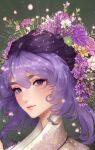  flower hair_flower hair_ornament japanese_clothes kimono makeup original purple_hair shiny shiny_hair simple_background updo violet_eyes wavy_hair white_kimono 