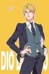  1boy belt black_jacket black_pants blonde_hair blue_necktie blue_vest buttons character_name closed_mouth dio_brando english_commentary glasses hand_in_pocket hand_on_hip highres honlo jacket jojo_no_kimyou_na_bouken long_sleeves looking_to_the_side male_focus necktie open_clothes open_jacket orange_eyes pants phantom_blood shirt short_hair solo standing vest white_shirt yellow_background 