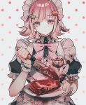  1girl alternate_costume alternate_hair_ornament apron artist_name bangs black_dress blood blood_on_clothes blood_on_hands bow bowtie buttons collared_dress cowboy_shot danganronpa_(series) danganronpa_2:_goodbye_despair dress enmaided expressionless food frilled_apron frills hair_ornament heart heart_apron heart_hair_ornament highres holding holding_knife holding_plate knife maid maid_apron maid_headdress meat medium_hair nanami_chiaki pink_bow pink_bowtie pink_eyes pink_hair plate polka_dot polka_dot_background puffy_short_sleeves puffy_sleeves rina_(crystalrina) shiny shiny_hair short_sleeves smile solo translation_request upper_body white_background 