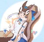  1girl 38b48bfrm animal_costume animal_ear_fluff animal_ears blue_eyes bow bowtie brown_hair chipmunk_costume chipmunk_ears chipmunk_girl chipmunk_tail extra_ears gloves kemono_friends kemono_friends_v_project looking_at_viewer microphone multicolored_hair open_mouth ribbon scarf shirt short_hair shorts siberian_chipmunk_(kemono_friends) simple_background smile tail vest virtual_youtuber white_hair 