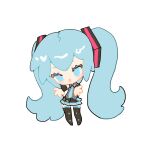  1girl absurdly_long_hair bangs black_footwear black_skirt blue_eyes blue_hair boots chibi chinese_commentary collared_shirt eyebrows_hidden_by_hair full_body grey_shirt hatsune_miku highres indai_(3330425) legs_apart light_blush long_hair open_mouth pleated_skirt reaching_out shirt simple_background skirt sleeveless sleeveless_shirt smile solo thigh_boots twintails very_long_hair vocaloid white_background 