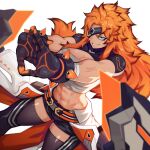  1girl abs asher_(omega_strikers) bandages belt black_shorts blue_eyes breasts eyepatch gloves highres james_ghio large_breasts liyart long_hair muscular muscular_female official_art omega_strikers orange_hair sarashi shorts simple_background smile solo spiky_hair stretching thigh-highs thighs white_background 