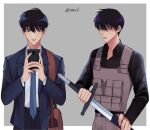  1boy bag black_hair black_pants black_skirt blue_eyes blue_jacket blue_necktie border brown_bag closed_mouth collared_shirt commentary dok-ja_kim drawing_sword grey_background highres holding holding_phone holding_sword holding_weapon jacket long_sleeves looking_at_phone looking_at_viewer male_focus necktie omniscient_reader&#039;s_viewpoint open_clothes open_jacket pants parted_lips phone sheath shirt short_hair shoulder_bag simple_background skirt standing suit_jacket sword unsheathing weapon white_border yuugji 