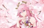  blue_eyes cherry_blossoms detached_sleeves flower genshin_impact hair_ornament long_hair looking_at_viewer petals pink_hair portrait sirina smile solo tree yae_miko 